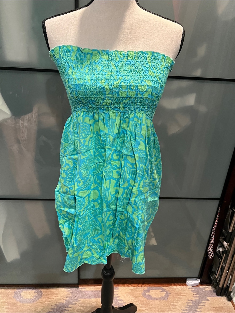 Lucy Love Strapless Smocked Tropical Coverup in Teal and Lime